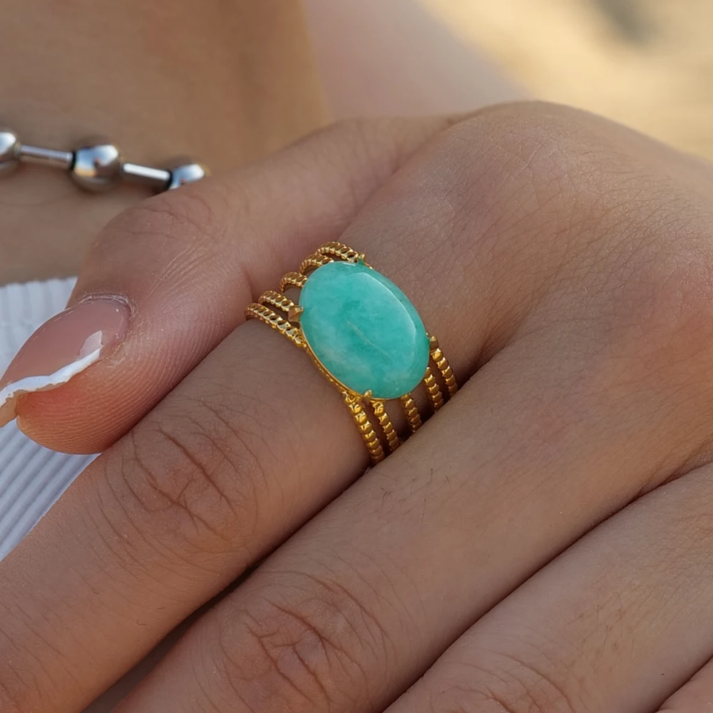 Waterproof 18K Gold-plated Stainless Steel Fashion Jewelry Natural Stone Oval Amazonite Ring For Women
Waterproof 18K Gold-plated Stainless Steel Fashion Jewelry Natural Stone Oval Amazonite Ring For Women