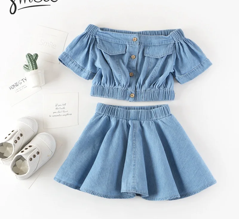 Fashion Girls Summer Clothes Matching Denim Blue Kids Skirt Suit Boat Neck Top And Jeans Skirt Set
Fashion Girls Summer Clothes Matching Denim Blue Kids Skirt Suit Boat Neck Top And Jeans Skirt Set