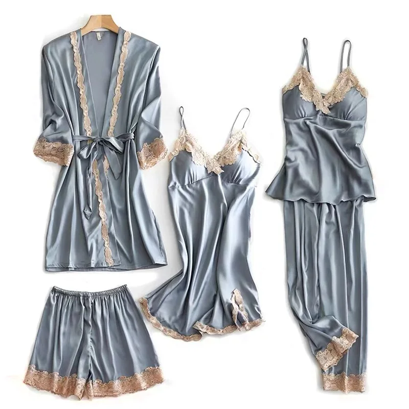 Satin Lace Bath Gown Luxury Loungewear 5pc Strap Top Pants Suit Faux Silk Sleepwear Matching Pajamas, Customized color
Satin Lace Bath Gown Luxury Loungewear 5pc Strap Top Pants Suit Faux Silk Sleepwear Matching Pajamas, Customized color