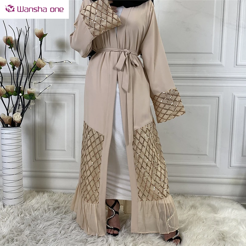 

Fabric Nida Embroidery Lace Muslim Women Ladies Front Open Cardigan Kimono Abaya Kaftan Wholesale Islamic Clothing