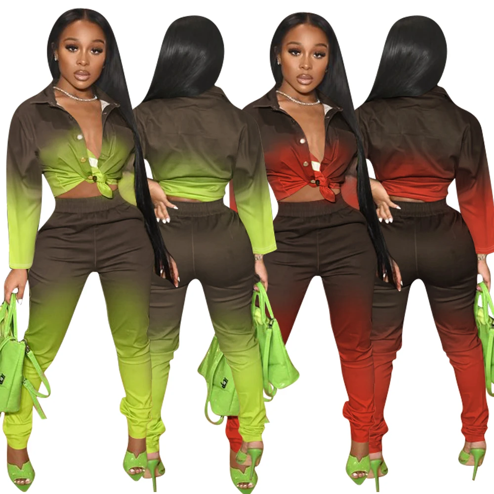 Fashion gradient color casual suits set for women sets two piece set women clothing
Fashion gradient color casual suits set for women sets two piece set women clothing