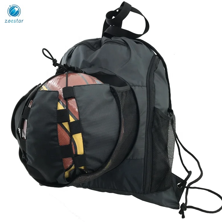 Nylon Ripstop Drawstring Backpack Bag with Ball Holder & Shoe Compartment for Football Baseball Basketball