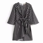 Fashion o neck black stripe Short sleeve front Bow Above knee length summer women casual OL dress
