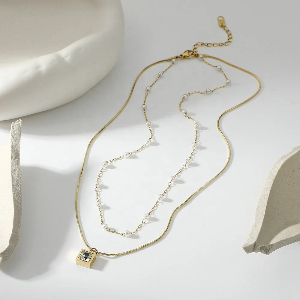 Summer Jewelry Pearl Chain Pendant Clear Crystal Pendant Necklace Double Layer Stainless Steel Pearl Clear Stone Necklace
Summer Jewelry Pearl Chain Pendant Clear Crystal Pendant Necklace Double Layer Stainless Steel Pearl Clear Stone Necklace