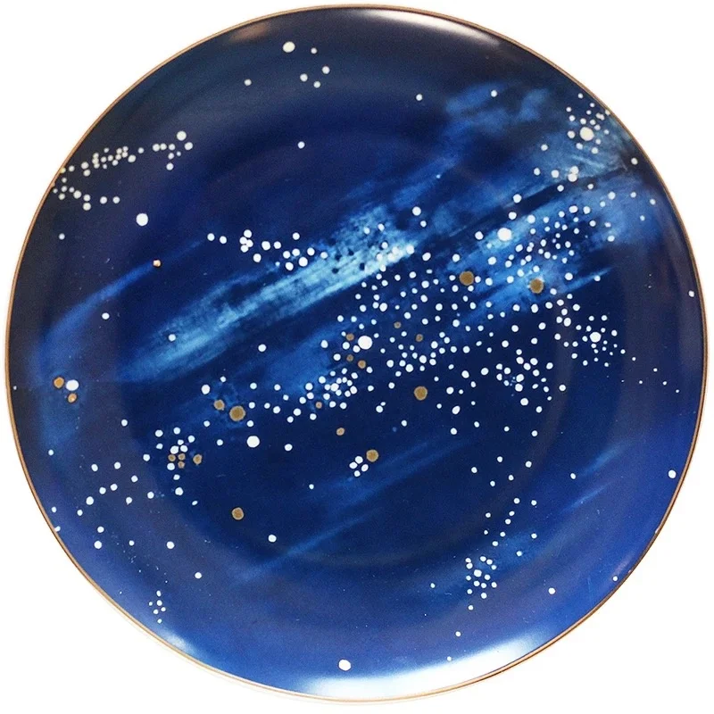Luxury starry series wedding unique cheap blue color round ceramic plates for catering
Luxury starry series wedding unique cheap blue color round ceramic plates for catering
