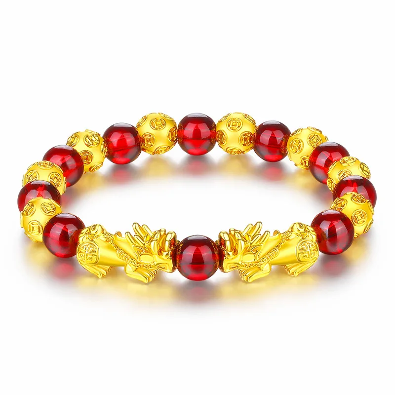 

Wholesale Vietnam Gold Plated 3D Charm Pi Xiu Dark Red Garnet Stone Beads Women Men Good Lucky Wealth Fengshui Pixiu Bracelet, As picture