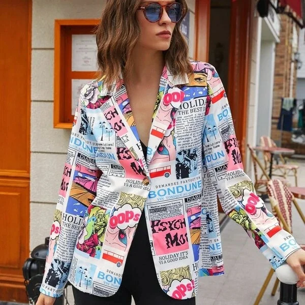 fashion women's wear hot selling newspaper printed blazer jackets for women 
fashion women's wear hot selling newspaper printed blazer jackets for women