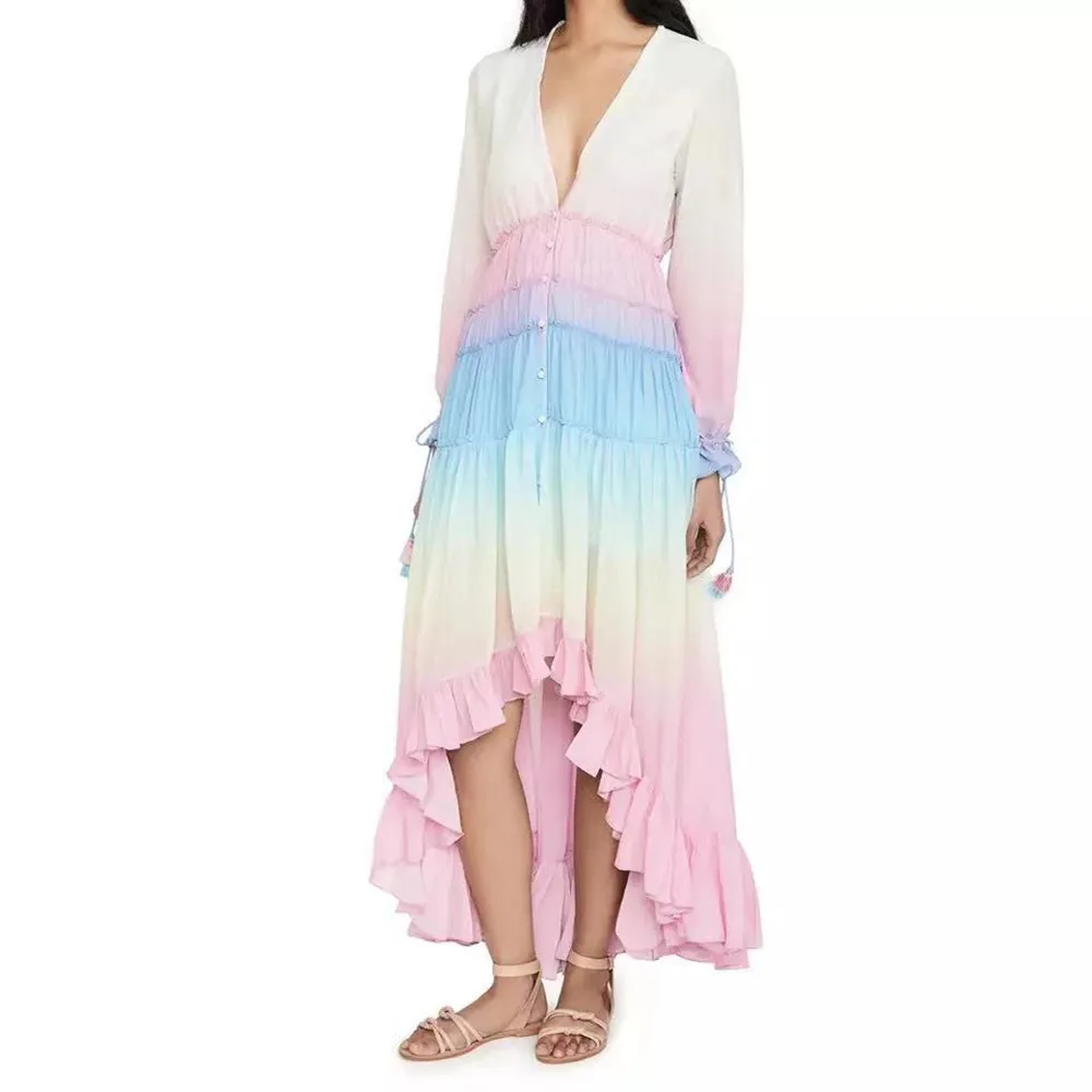 Rainbow Print Women Dress V-neck Tiered ruffle trim Summer holiday long beach dress 2021 chic boho dress women
Rainbow Print Women Dress V-neck Tiered ruffle trim Summer holiday long beach dress 2021 chic boho dress women
