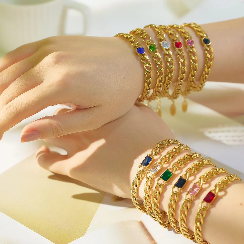 Waterproof Jewelry 18K Gold Plated Colorful Crystal Chunky Bracelet Bangle Stainless Steel Zirconia Cuban Link Bracelet Women
Waterproof Jewelry 18K Gold Plated Colorful Crystal Chunky Bracelet Bangle Stainless Steel Zirconia Cuban Link Bracelet Women