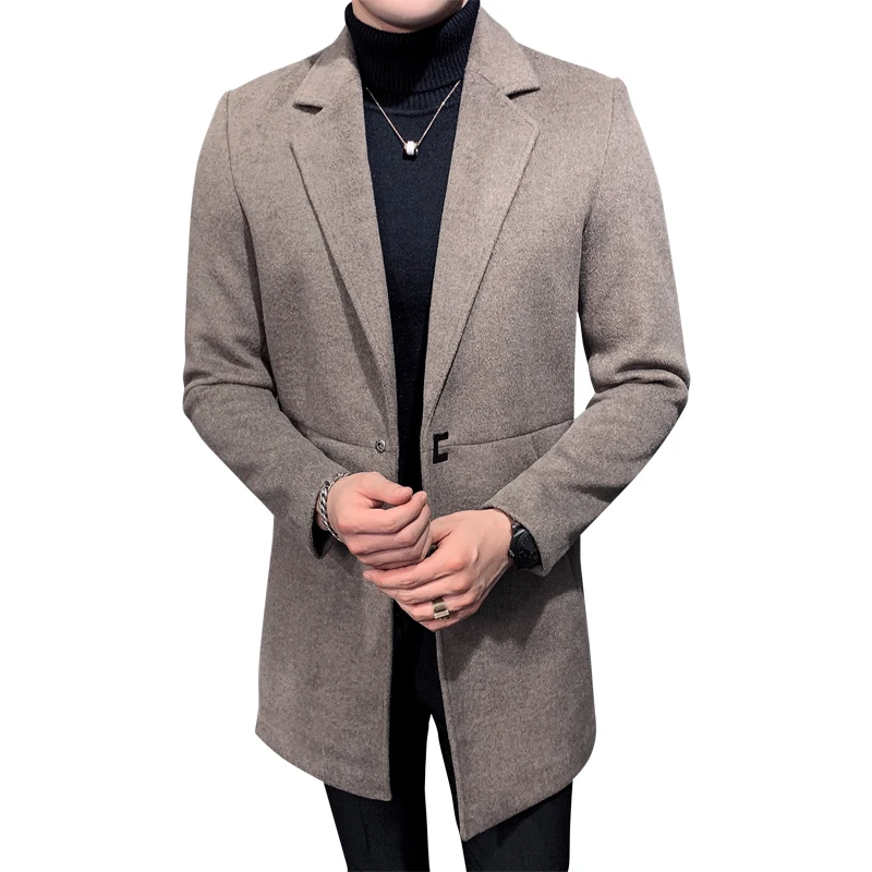 

Wholesale Men's Notched Lapel Woolen Trench Coat Single Breasted Slim Fit Winter Overcoat Long Coat Business Pea Coat, Brown