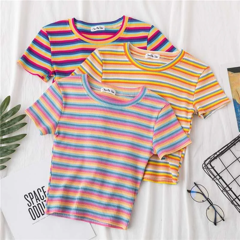 Women cotton rainbow striped tshirts fashion tops girls casual short sleeve T-shirt plain skinny stitching Korean punk crop top, Customized color
Women cotton rainbow striped tshirts fashion tops girls casual short sleeve T-shirt plain skinny stitching Korean punk crop top, Customized color