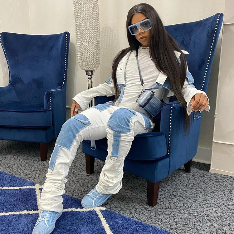 2021 Fashion Clothing Womens Ladies Denim Color Block Stacked Long Pants And Short Shirt Outfits Two 2 Piece Set For Women Sets, White,black,deep blue
2021 Fashion Clothing Womens Ladies Denim Color Block Stacked Long Pants And Short Shirt Outfits Two 2 Piece Set For Women Sets, White,black,deep blue