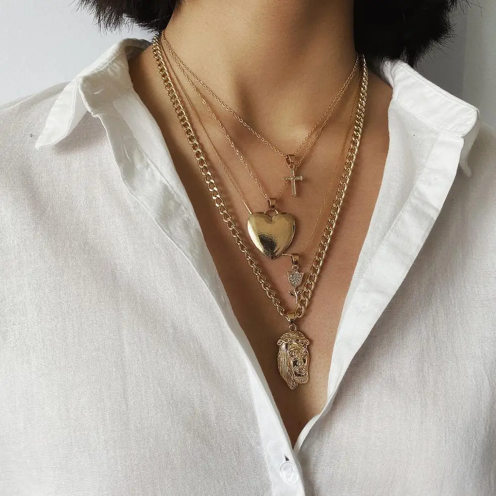 Personality metal relief pendant necklace female vintage multilayer heart rose flower cross necklace (KNK5150), Silver, gold
Personality metal relief pendant necklace female vintage multilayer heart rose flower cross necklace (KNK5150), Silver, gold