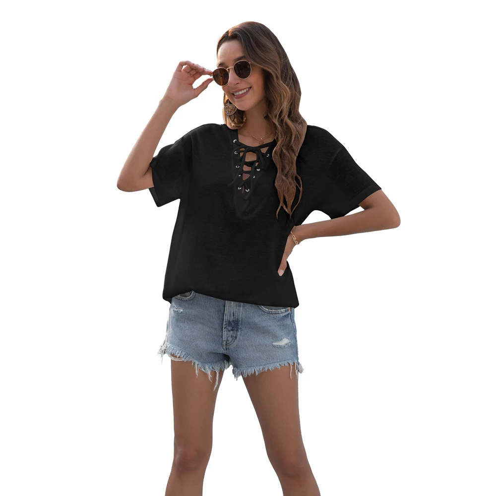 2021 Summer women hot sale v neck short sleeve tie solid color casual lace up T-shirt, Customized color
2021 Summer women hot sale v neck short sleeve tie solid color casual lace up T-shirt, Customized color
