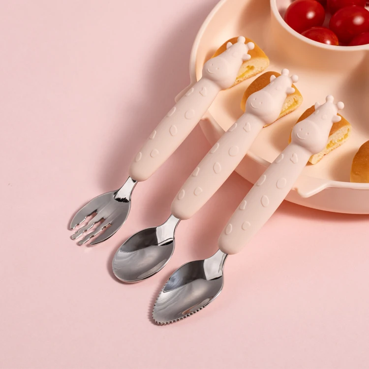 Silicone baby feeding spoon and fork set stainless steel spoon children training spoon, Natural
Silicone baby feeding spoon and fork set stainless steel spoon children training spoon, Natural