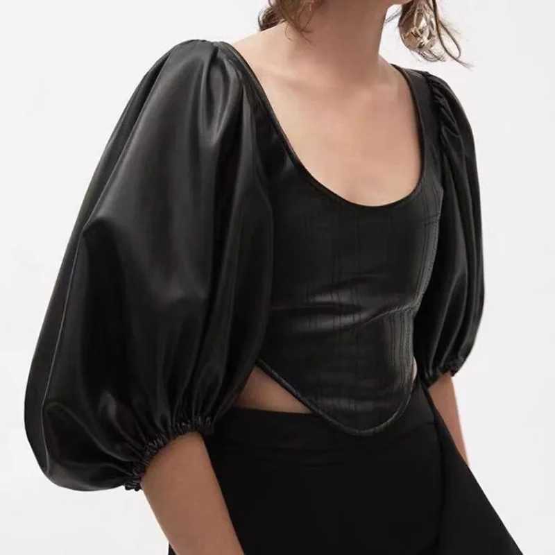 new european women's fashion puff sleeve solid color PU leather shirt blouses
new european women's fashion puff sleeve solid color PU leather shirt blouses