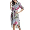 Gray Chiffon New Style long sleeve autumn Sweet Printed Perspective Long Dress For Party