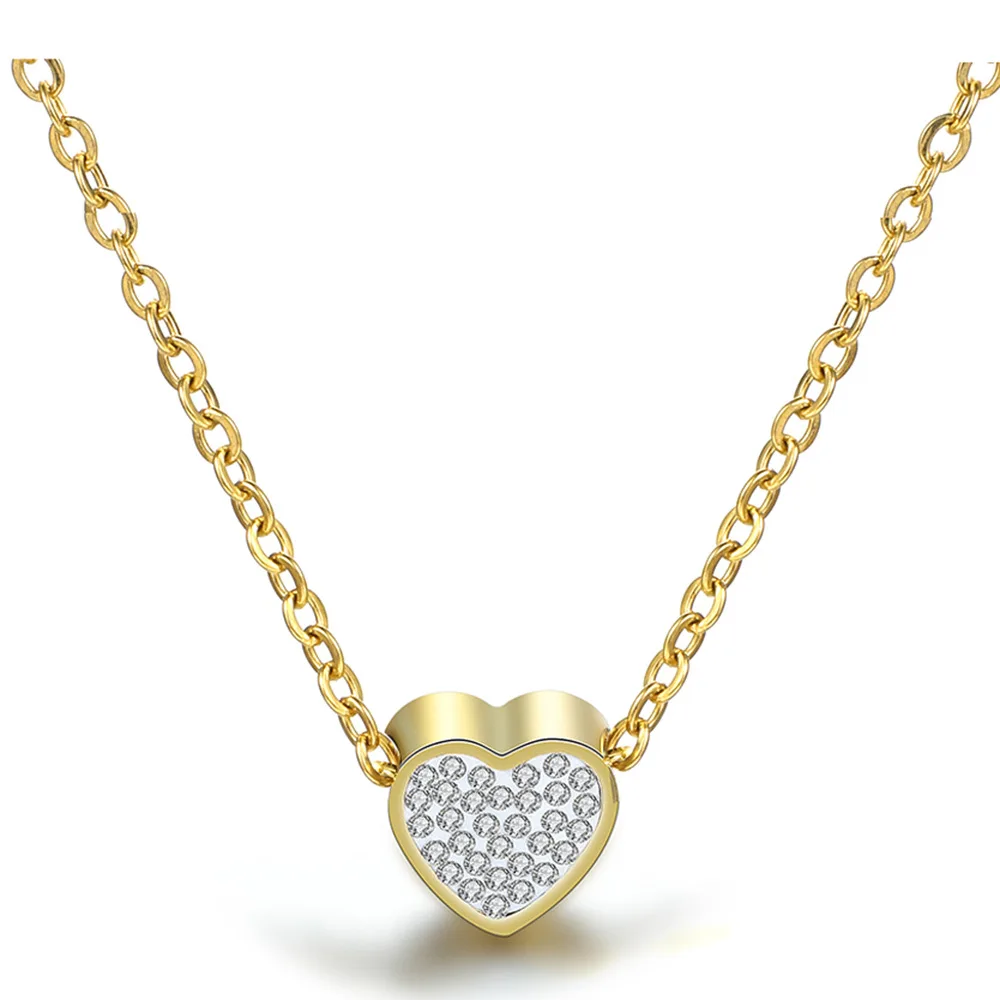 

Simple Charm Gold Plated Stainless Steel Shining Crystal Tiny Love Shape Chain Cubic Zirconia Pave Small Heart Pendant Necklace