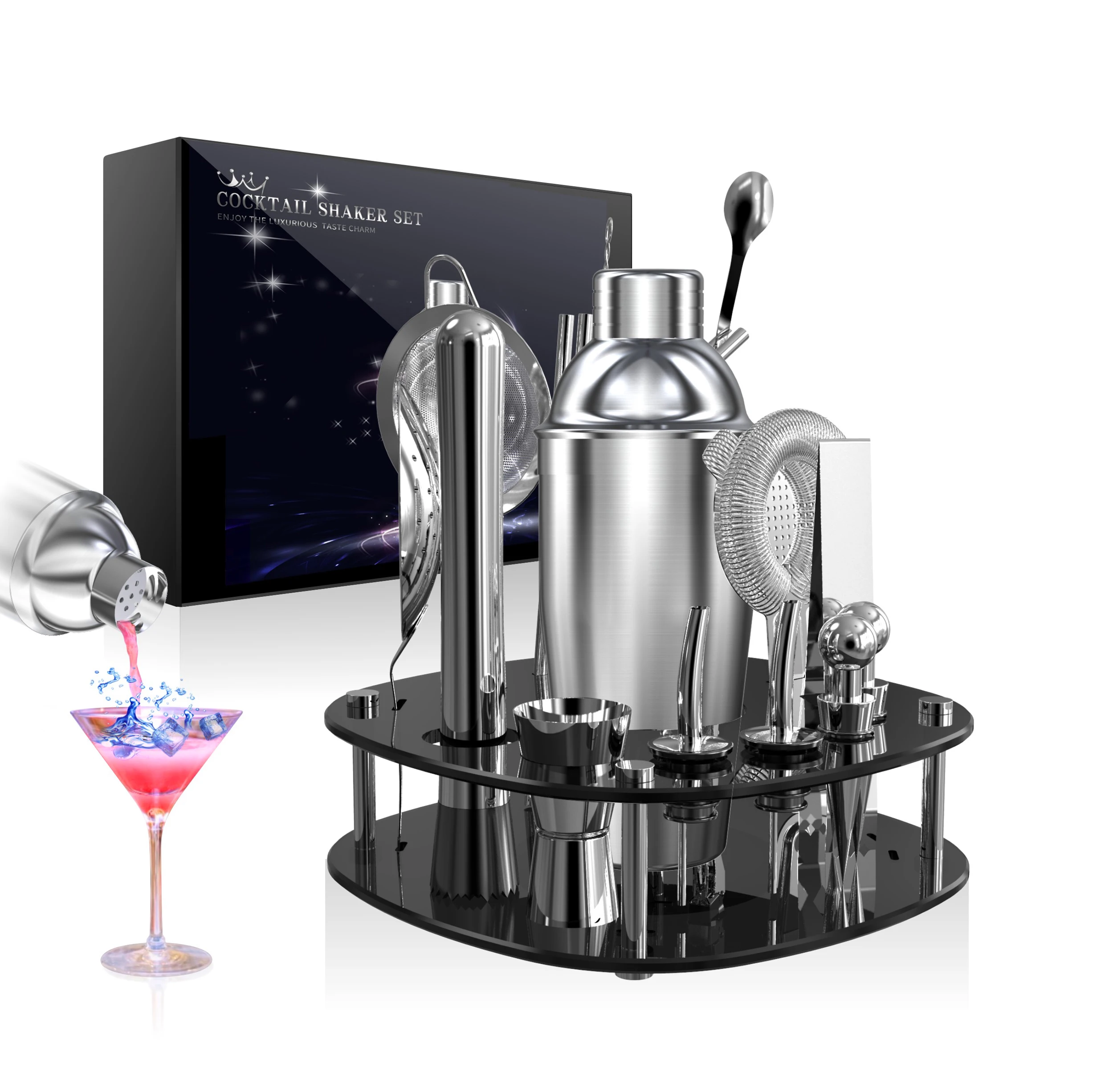 304 stainless steel cocktail shaker set in package with Acrylic stand - 10 sets, Sliver
304 stainless steel cocktail shaker set in package with Acrylic stand - 10 sets, Sliver