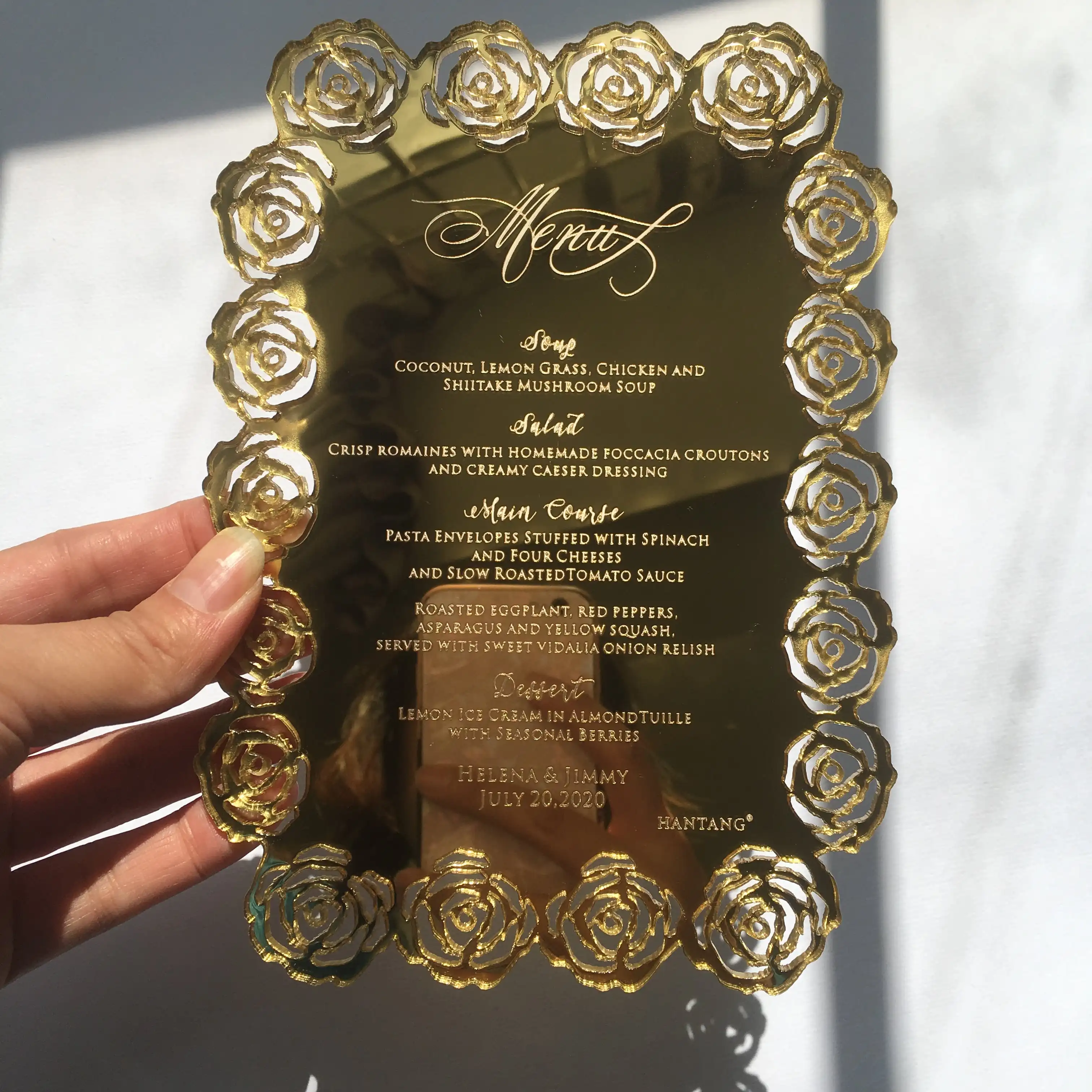mirror/silver mirror acrylic wedding menu cards with engraved