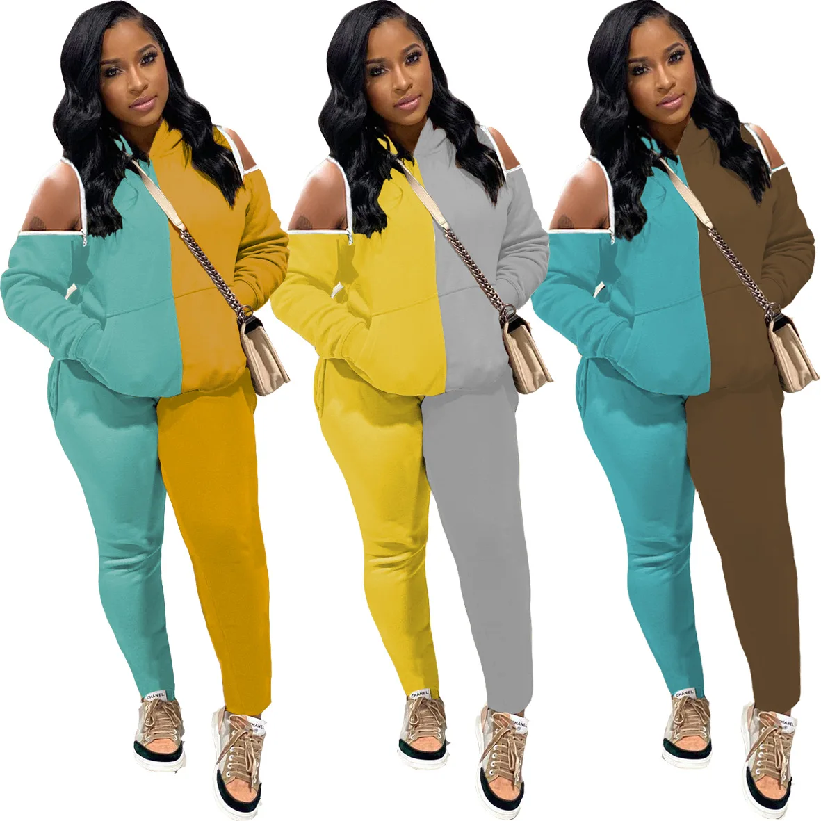 2021 Womens Color Block Long Sleeve Cold Shoulder Top and High Waisted Bodycon Tight Fit Leggings Ladies Pants Set Two Piece
2021 Womens Color Block Long Sleeve Cold Shoulder Top and High Waisted Bodycon Tight Fit Leggings Ladies Pants Set Two Piece