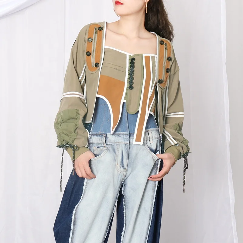 2020 spring and summer new personality design sense contrast color fight receiving waist careful machine jacket top, Solid color
2020 spring and summer new personality design sense contrast color fight receiving waist careful machine jacket top, Solid color
