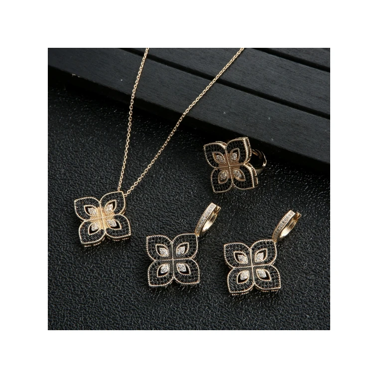 Fashion gold plated flower zircon clover Necklace/Earrings/Ring simple jewelry set for women jewelry set charms 
Fashion gold plated flower zircon clover Necklace/Earrings/Ring simple jewelry set for women jewelry set charms