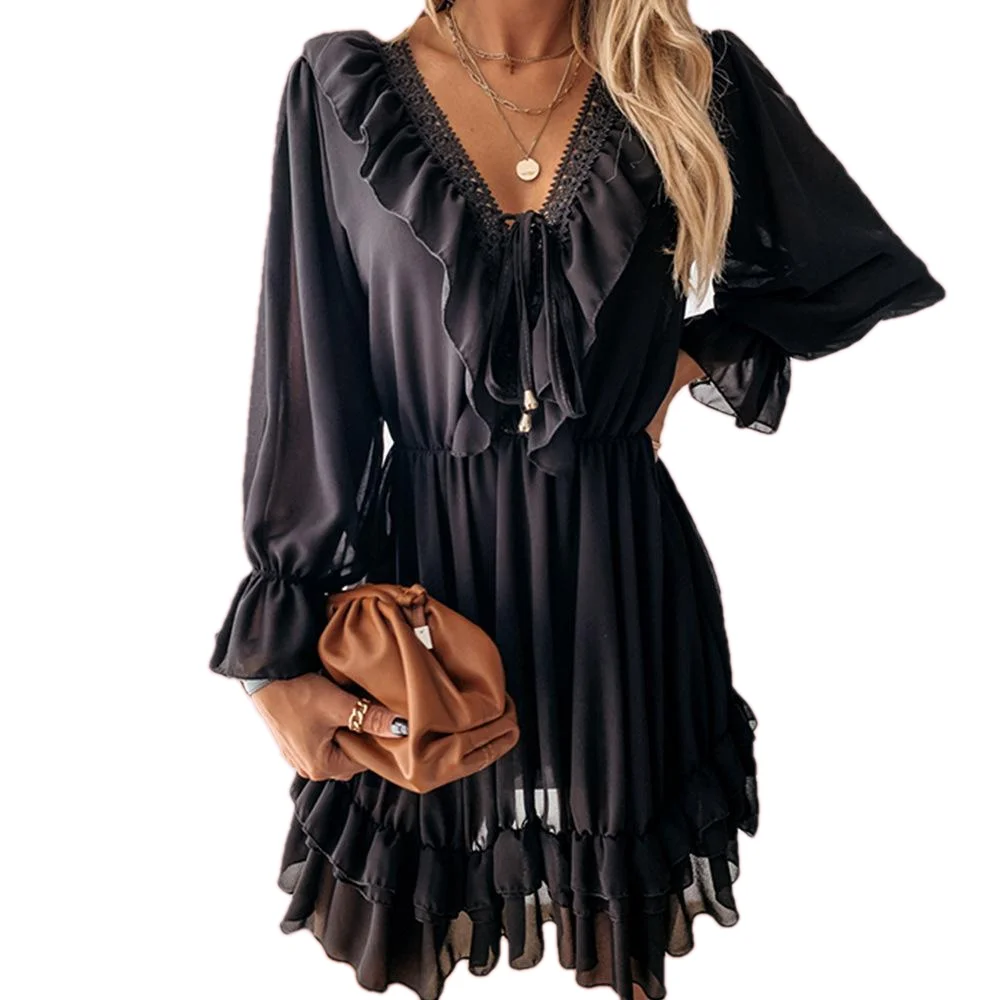 Sexy V-neck skirt with lace hanging whisker and puffy sleeves 
Sexy V-neck skirt with lace hanging whisker and puffy sleeves