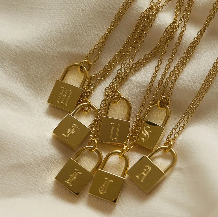18k Gold Plated Stainless Steel Jewelry Necklace Personalize Minimalist Old English Lock Necklace, Gold, rose gold and steel color
18k Gold Plated Stainless Steel Jewelry Necklace Personalize Minimalist Old English Lock Necklace, Gold, rose gold and steel color