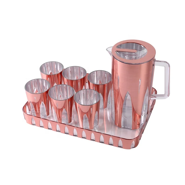 Pitcher Water Jug Bottom Transparent Rose Gold Plastic Water Jug With 6 Cups And Tray
Pitcher Water Jug Bottom Transparent Rose Gold Plastic Water Jug With 6 Cups And Tray