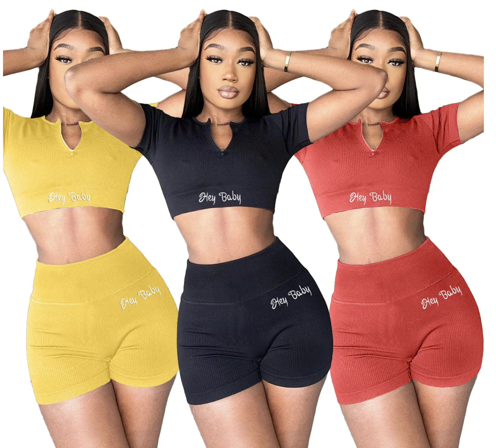 Not Easy To Wrinkle women embroidered zipper ribbed shorts two piece set, Picture color
Not Easy To Wrinkle women embroidered zipper ribbed shorts two piece set, Picture color