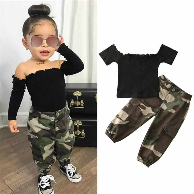 Sweet Kids Girls Clothes Set Summer Children Black Ribbed Short Sleeve Off Shoulder T Shirts Tops+Camouflage Pants 2Pcs Set, As picture
Sweet Kids Girls Clothes Set Summer Children Black Ribbed Short Sleeve Off Shoulder T Shirts Tops+Camouflage Pants 2Pcs Set, As picture