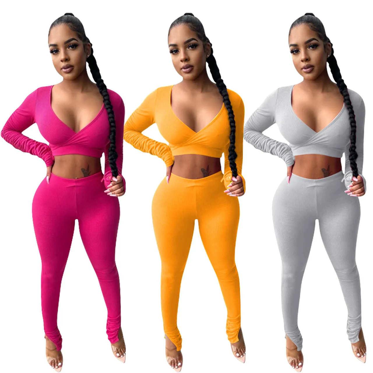 Q678 Yousclothes Sexy V Neck Long Pleated Sleeve Crop Top Bodycon Split Hem Pants 2 Piece Set Women
Q678 Yousclothes Sexy V Neck Long Pleated Sleeve Crop Top Bodycon Split Hem Pants 2 Piece Set Women