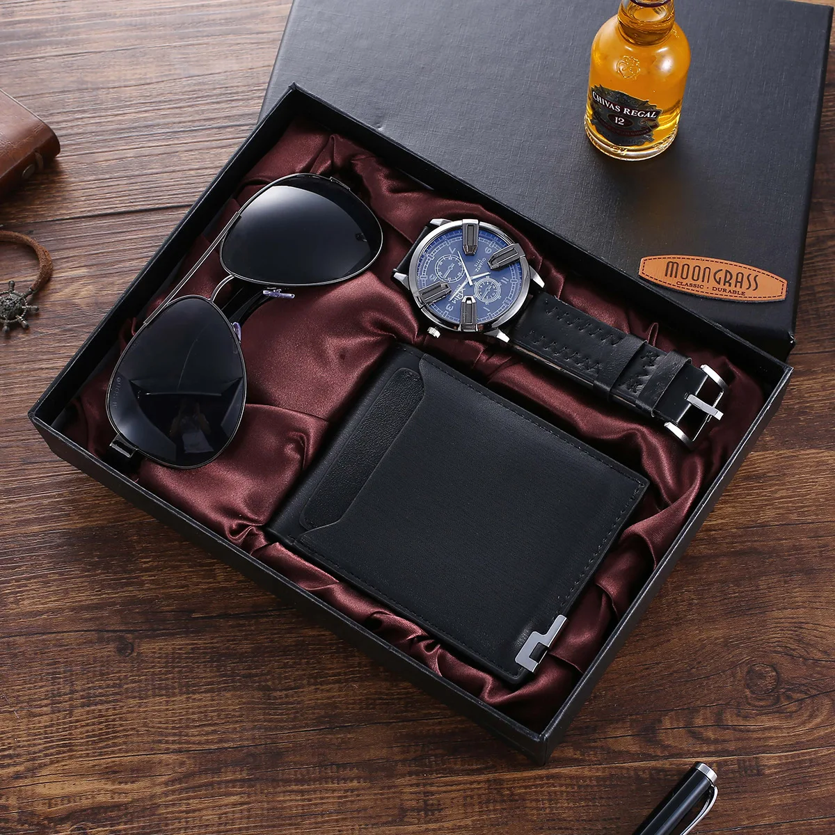 New designs business men gift vintage wallet combination set 3pcs casual sunglass analog big dial curren watches
New designs business men gift vintage wallet combination set 3pcs casual sunglass analog big dial curren watches