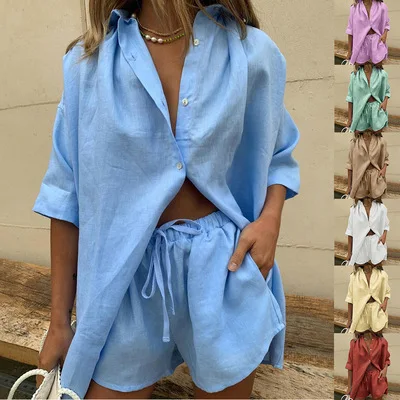 Factory wholesale 2021 women single-breasted short sleeved shirt 2 piece shorts set fashion two piece casual suit female
Factory wholesale 2021 women single-breasted short sleeved shirt 2 piece shorts set fashion two piece casual suit female