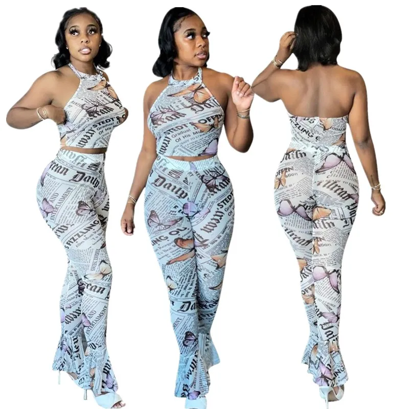 Newest Design Paper Print Halter Summer Flare Leg Two Piece Set Women Clothing 2 Piece Pant Set 2021
Newest Design Paper Print Halter Summer Flare Leg Two Piece Set Women Clothing 2 Piece Pant Set 2021