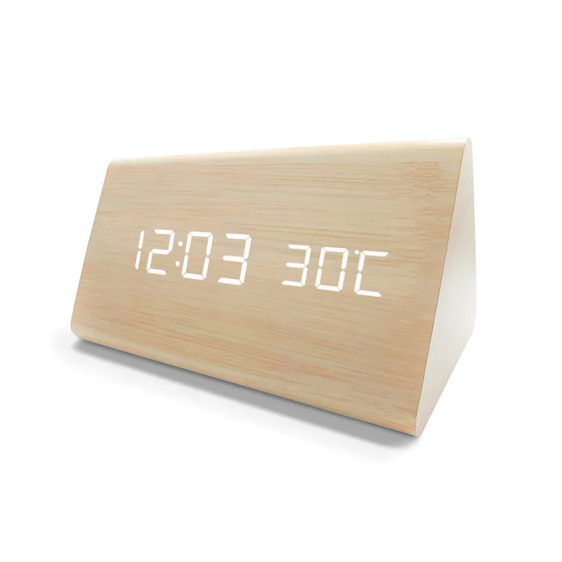 Wooden Digital table clock Triangle Modern Design LED alarm clock with Temperature display, Wood color
Wooden Digital table clock Triangle Modern Design LED alarm clock with Temperature display, Wood color