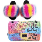 Multicolor Real Fox Fur Slides Slipper And Graffiti Bag Purse Matched Set For Women