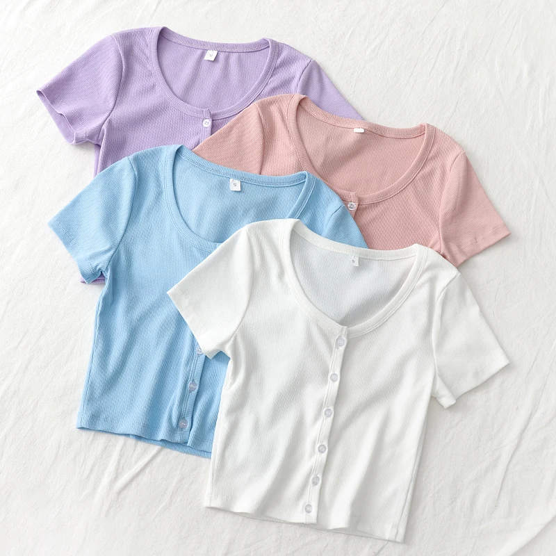 Candy color short sleeve o neck button crop t shirt wholesale woman summer knitted tops
Candy color short sleeve o neck button crop t shirt wholesale woman summer knitted tops