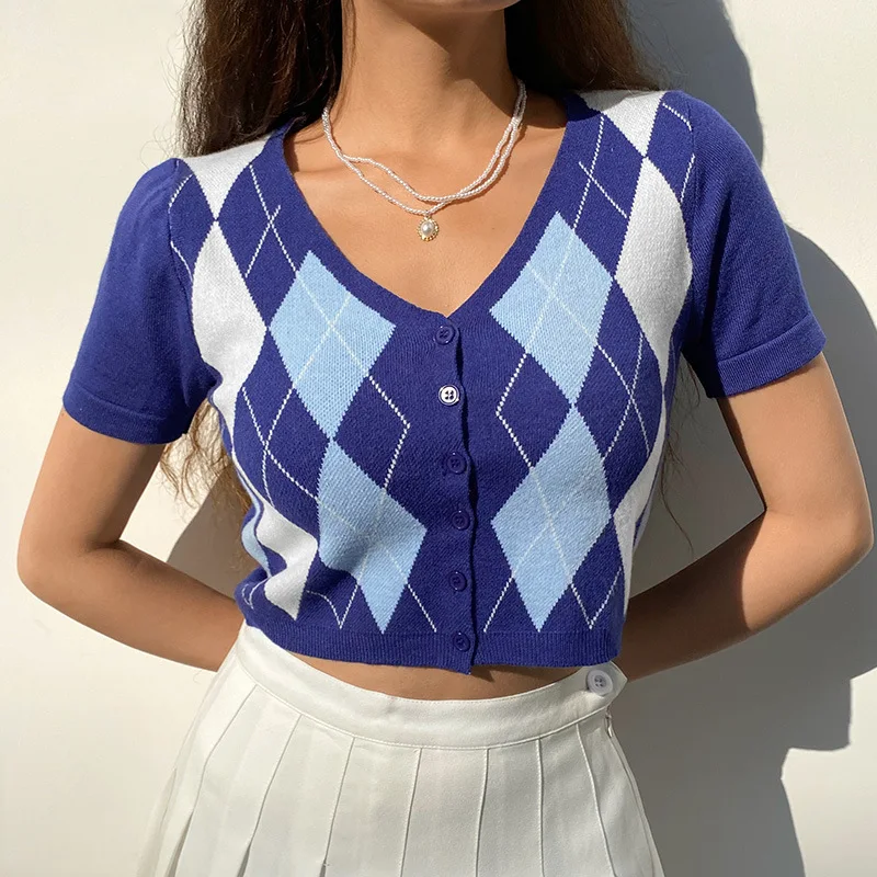 Korean Fashion Ladies Knitted Crop Tops Women Argyle Vintage Short Sleeve Summer Sweater Cardigan, Customized color
Korean Fashion Ladies Knitted Crop Tops Women Argyle Vintage Short Sleeve Summer Sweater Cardigan, Customized color