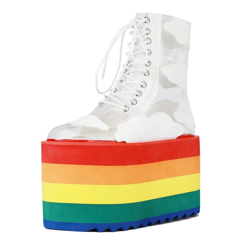 Wholesale Colorful Women's Shoes Ankle Boots Lace Up PVC Platform Boots Wedge High Heel Rainbow Thick Bottom Ladies Boots, White
Wholesale Colorful Women's Shoes Ankle Boots Lace Up PVC Platform Boots Wedge High Heel Rainbow Thick Bottom Ladies Boots, White