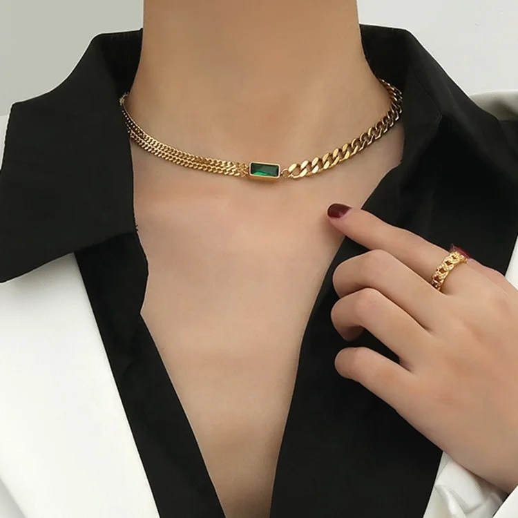 

Double Chain Green Rhinestone Square Layered Necklace Curb Linked Choker Necklaces for Women Vintage Stainless Steel Jewelry Set, Gold