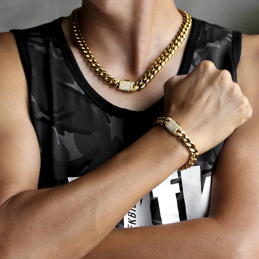 Hip Hop Gold Silver Stainless Steel Diamond Cuban Chain Iced Out Zircon Cuban Link Chain Bracelet for Men
Hip Hop Gold Silver Stainless Steel Diamond Cuban Chain Iced Out Zircon Cuban Link Chain Bracelet for Men