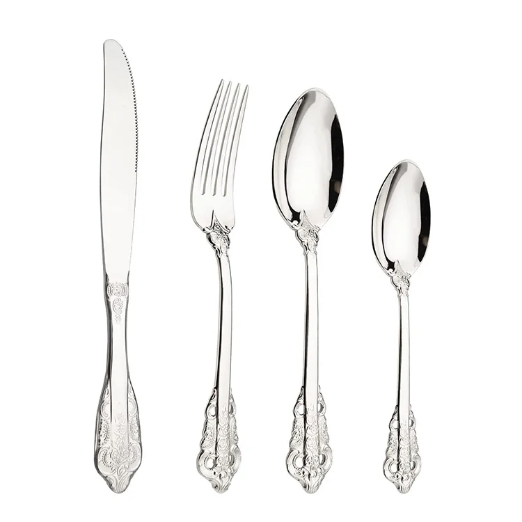Food Grade Luxury Silver 304 Stainless Steel Flatware Set Vintage Cutlery with Knife Fork Spoon
Food Grade Luxury Silver 304 Stainless Steel Flatware Set Vintage Cutlery with Knife Fork Spoon