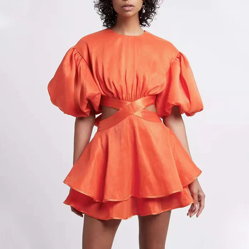 Sexy halter summer dress 2021 new solid color puff sleeve waist temperament short A-line dress, Orange
Sexy halter summer dress 2021 new solid color puff sleeve waist temperament short A-line dress, Orange