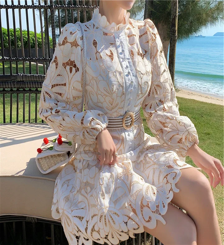 Women Lace Elegant French Vintage Mini Dress With Long Sleeves Ladies Formal Hollow Out Short Dresses with Belt, Beige
Women Lace Elegant French Vintage Mini Dress With Long Sleeves Ladies Formal Hollow Out Short Dresses with Belt, Beige