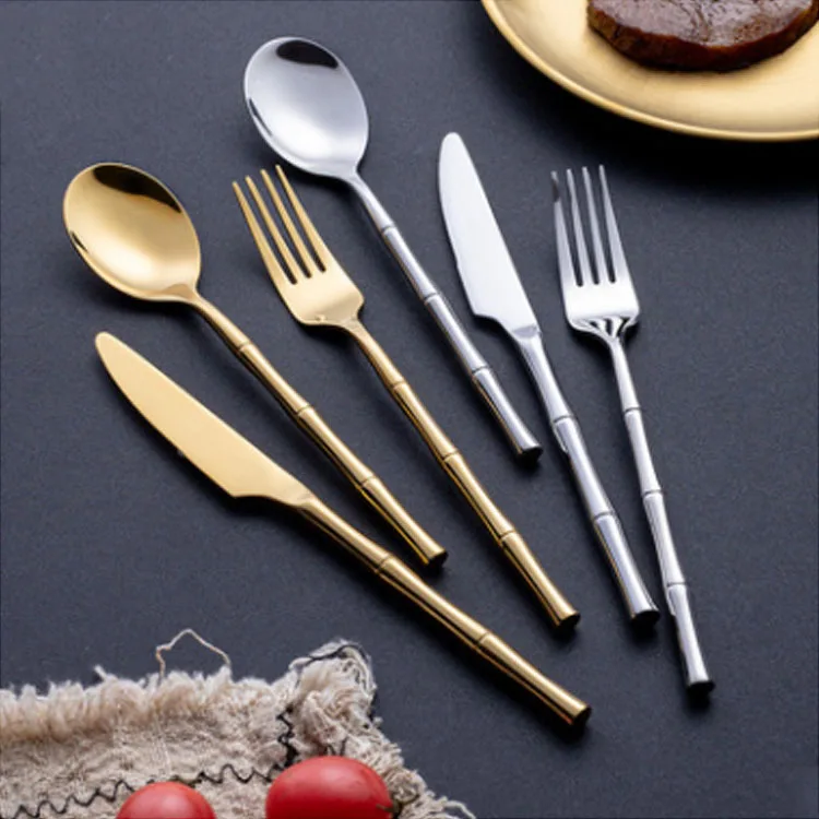 Eco-Friendly 5 Pcs Gold Silver Flatware Set Creative Bamboo Shape Handle Stainless Steel Luxury Cutlery Set, Silver,gold
Eco-Friendly 5 Pcs Gold Silver Flatware Set Creative Bamboo Shape Handle Stainless Steel Luxury Cutlery Set, Silver,gold