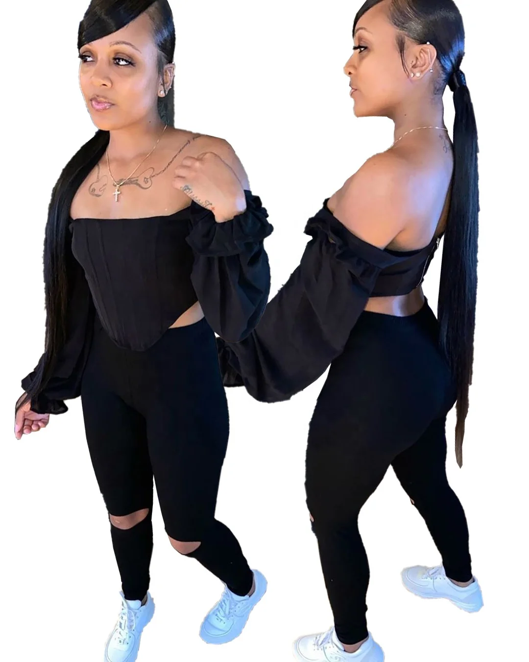 B63043A Cross-border European and American women's sexy zipper bubble sleeve casual two-piece set, Black
B63043A Cross-border European and American women's sexy zipper bubble sleeve casual two-piece set, Black