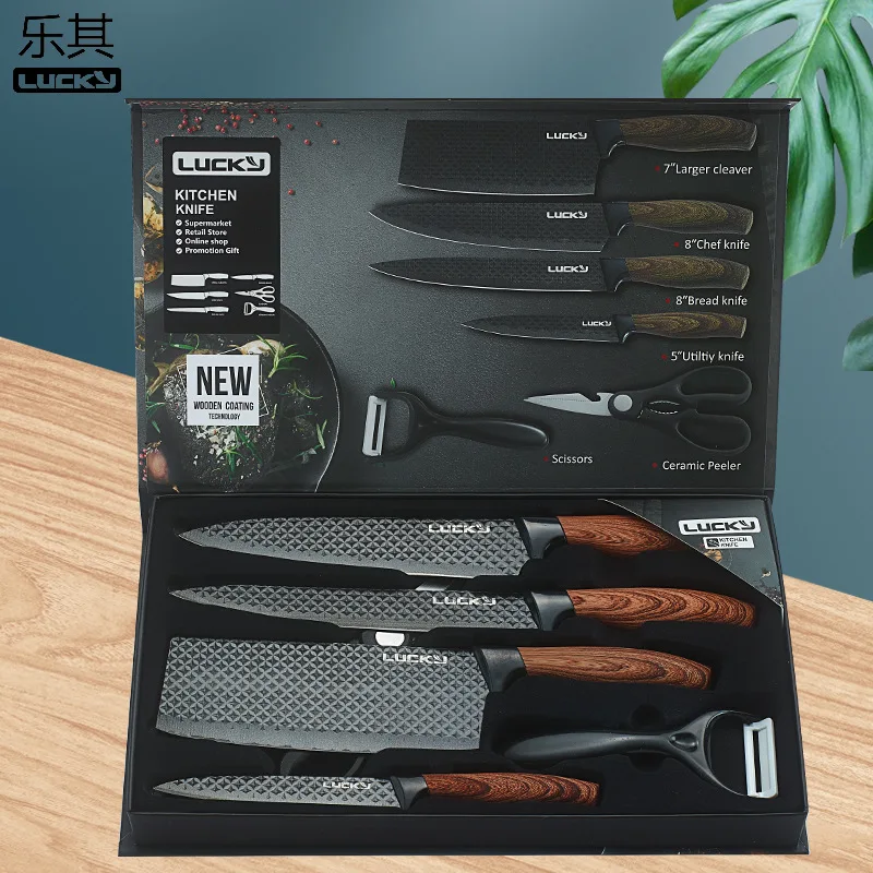 Factory direct kitchen knife set New DIA grain wooden handle uncoated gift set knife set of 6 pieces, Black
Factory direct kitchen knife set New DIA grain wooden handle uncoated gift set knife set of 6 pieces, Black
