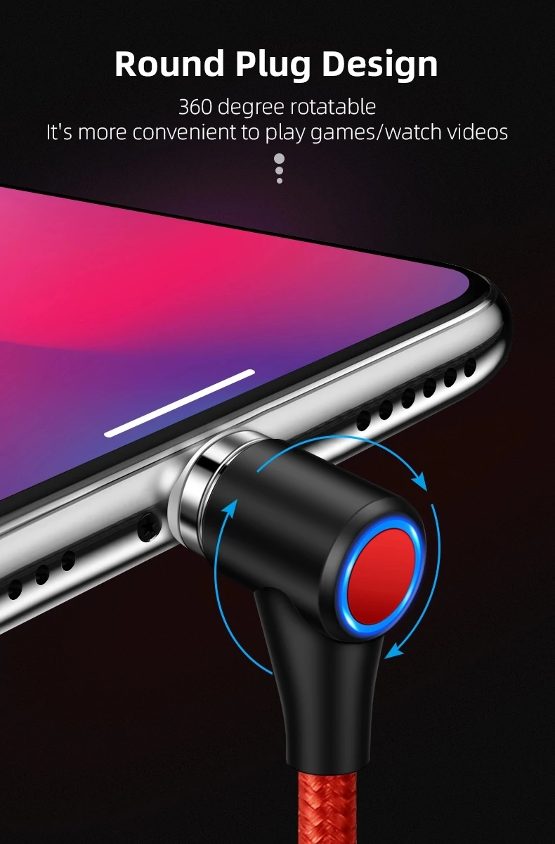 QC3.0 3A Fast Charging 90 Degree Right Angled Magnetic USB Cable for iPhone Micro USB Type C - ANKUX.COM